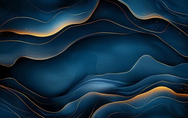 Poster - An abstract image featuring smooth, flowing waves in deep blue tones highlighted by golden lines, evoking a sense of elegance and tranquility, perfect for digital backgrounds.