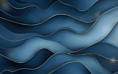 Poster - An abstract wave pattern featuring intricate shades of blue and gold lines, perfect for backgrounds, digital art, and creative projects, evoking calmness and fluidity.