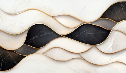 Poster - An abstract wave pattern in soft tones of black and white, accented with golden lines. This elegant design adds a modern touch, ideal for backgrounds, textiles, or digital art.