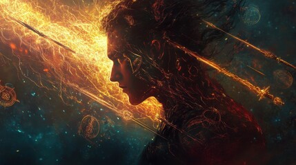 Poster - Mystical profile of a man filled with ethereal energy and cosmic elements representing strength and transformation