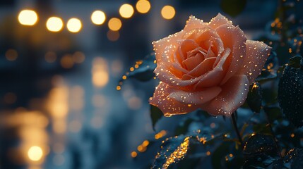 Canvas Print - Dew-kissed rose, night garden, bokeh lights, romantic ambiance, card design