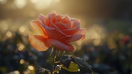 Canvas Print - Dew-kissed rose sunrise garden bokeh background romance