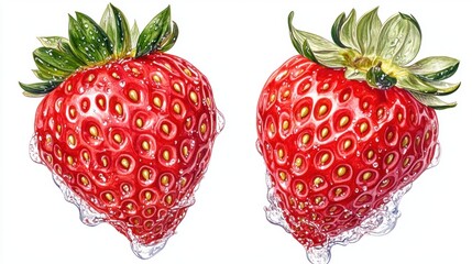 Wall Mural - Two Red Juicy Strawberries in Water Droplets on White Background