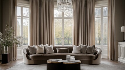 Poster - Elegant living room with plush velvet sofa and large windows showcasing natural light and scenic views