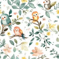 Poster - Whimsical doodle cartoon drawings featuring colorful birds perched among delicate floral patterns