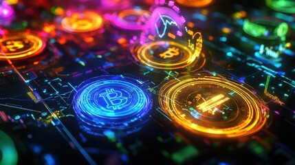 Leinwandbilder - Glowing colorful circles representing cryptocurrency and digital currency trends in a vibrant futuristic setting