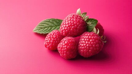 Poster - Freshly picked raspberries placed on a vibrant raspberry red background creating an eye-catching display of color and texture