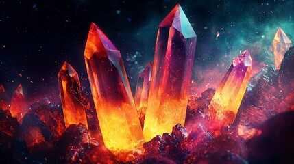 Wall Mural - Fiery crystals glowing in dark space, cosmic background, fantasy art