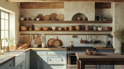 Poster - Farmhouse kitchen with open shelves displaying rustic dinnerware and natural light
