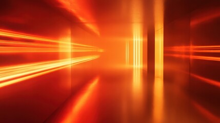 Poster - Intense orange reflections create a fiery atmosphere in a modern hallway illuminated by warm light