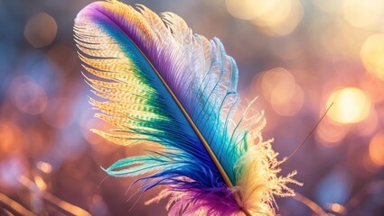 Poster - colorful feather lying on a surface with bokeh background in soft light during golden hour