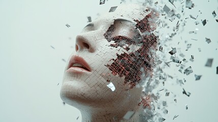 Aufkleber - White and red square data fragments are exploding from a woman's head, creating a visual metaphor for information overload, burnout, stress, migraine, dementia, thoughts, and thinking