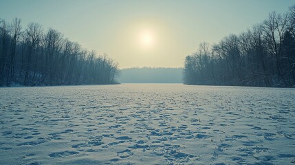 Canvas Print - Frozen lake at sunrise, winter landscape, snowy banks, tranquil scene, nature background