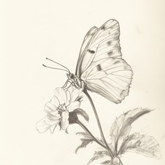 Poster - Butterfly resting on a delicate flower in a tranquil garden setting, captured in detailed sketch art