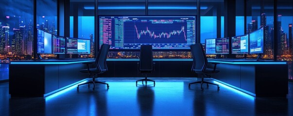 Poster - A modern trading room with multiple monitors displaying financial data, set against a vibrant cityscape at night.