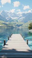 Poster - Wooden pier extending into serene lake surrounded by mountains under clear blue sky