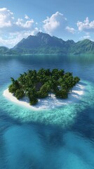 Poster - Vivid view of a tropical island with lush greenery and crystal-clear waters under a bright sky