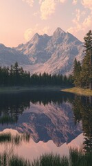 Poster - Serene mountain landscape with tranquil lake reflecting peaks and trees during golden hour