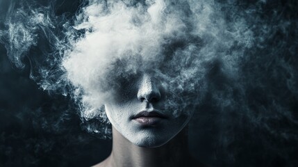Poster - Studio portrait of a woman with gray skin makeup and white smoke covering her eyes, creating a symbolic representation of mental health issues such as stress, burnout, and information overload