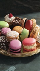 Aufkleber - Close-up of an elegant dessert platter featuring colorful macarons, chocolates, and cream toppings ideal for celebrations