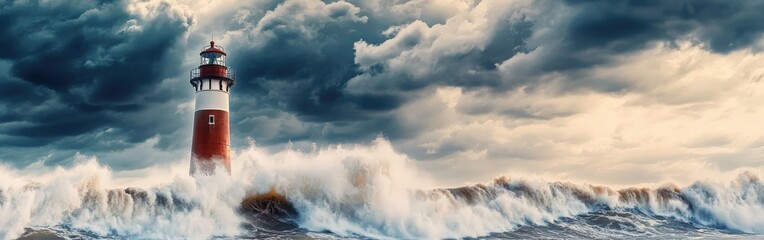 Poster - Stunning lighthouse standing strong against turbulent waves under a dramatic sky at sunset