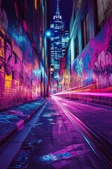 Wall Mural - Neon city alley, light trails, graffiti, skyscraper backdrop, urban night scene