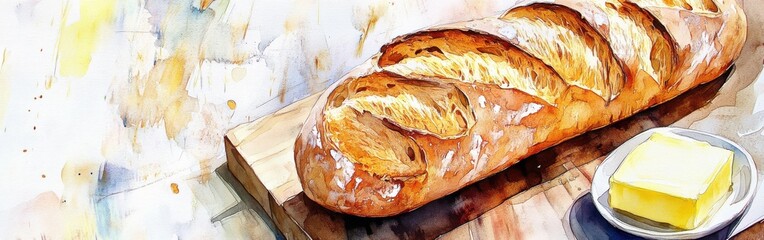 Aufkleber - Freshly baked bread with a butter pat on a wooden board against a vibrant watercolor backdrop