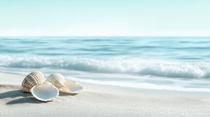 Poster - Tranquil beach with gentle waves and seashells under a clear sky during a serene moment