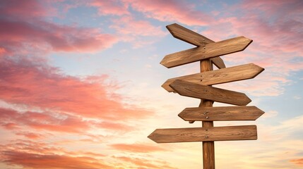 Poster - Wooden signpost pointing in many directions against a vibrant sunset sky, symbolizing choices, decisions, and the search for the right path in life, career, or travel