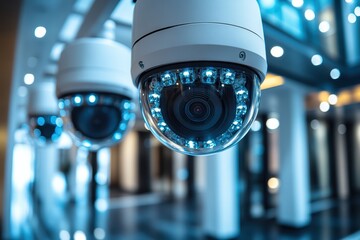 Poster - CCTV surveillance cameras with blue lighting in a modern indoor environment