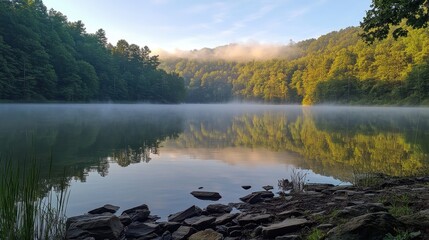 Aufkleber - Serene forest lake at dawn with mist rising above the calm water and reflection of trees on a tranquil morning