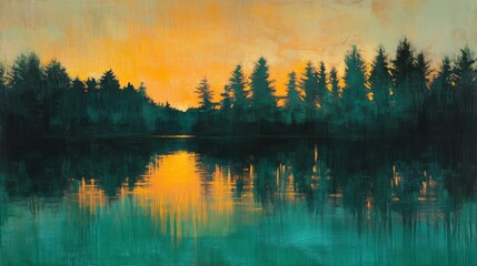 Fototapete - Golden hour creates a stunning reflection on tranquil water surrounded by trees in a serene landscape