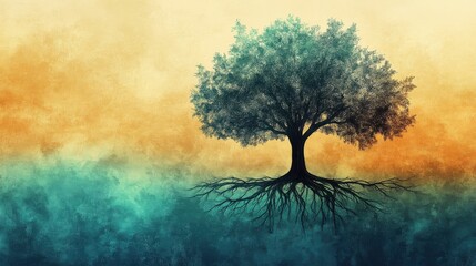 Poster - Elegant silhouette of a tree showcasing its deep roots against a vibrant gradient background at dusk