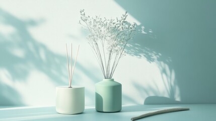 Poster - Delicate pastel decor featuring a mint green vase and neutral incense holder with dried flowers on a softly illuminated surface