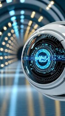 Poster - a sleek robotic sphere glides through a vibrant, illuminated corridor, showcasing advanced technolog