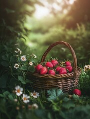 Aufkleber - Freshly picked strawberries gathered in a wicker basket surrounded by lush greenery and flowers