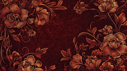 Poster - Elegant bronze floral patterns adorned on a deep red background create a rich artistic tapestry