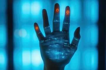 Poster - Silhouette of a hand with biometric scanners illuminated in a digital environment