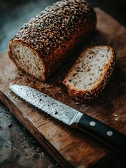 Aufkleber - Freshly baked loaf of seed-encrusted bread sliced on wooden cutting board ready for serving