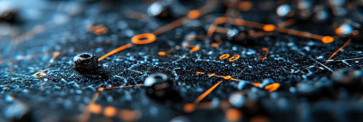 Poster - Dark Surface with Metallic Spheres and Orange Lines