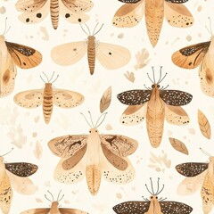 Aufkleber - Whimsical doodle cartoon drawings of moths in soft watercolor style on a light background with delicate plants