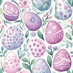 Poster - Whimsical watercolor doodles featuring colorful decorated eggs among flowers and leaves in a playful spring arrangement