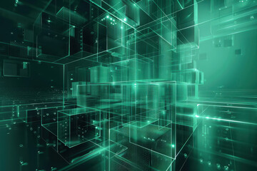 Wall Mural - close up horizontal abstract illustration of a glowing green geometric structure