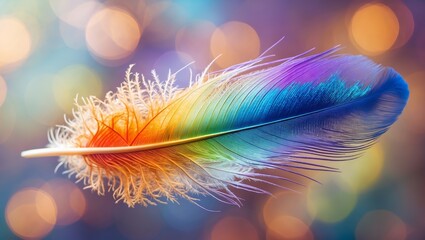 Poster - colorful feather with vibrant hues floating against a blurred background of lights