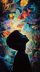 Aufkleber - Vibrant child glowing amid colorful fishes in an enchanted underwater dream