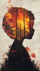 Poster - Child silhouette glowing with vibrant autumn trees and leaves at dusk, capturing the essence of childhood wonder in nature's beauty