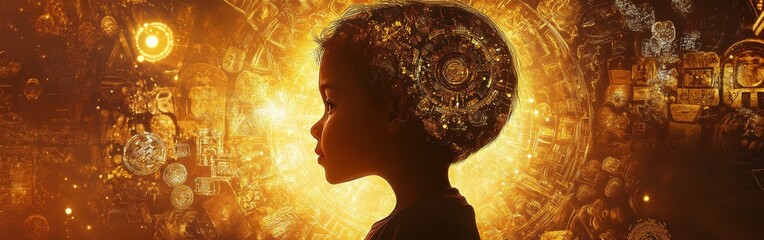 Poster - Child glowing with vibrant imagination in a creative and surreal world of lights