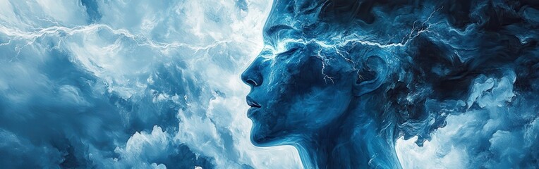 Aufkleber - Portrait of a face entwined with electric blue energy against a dramatic stormy sky backdrop