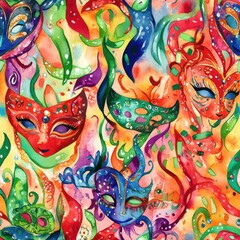 Aufkleber - Colorful carnival masks and swirling patterns in vibrant watercolor doodle art