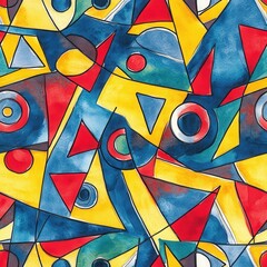 Poster - Vibrant doodle cartoon drawings with bold colors and dynamic shapes featuring circles and triangles in a playful arrangement